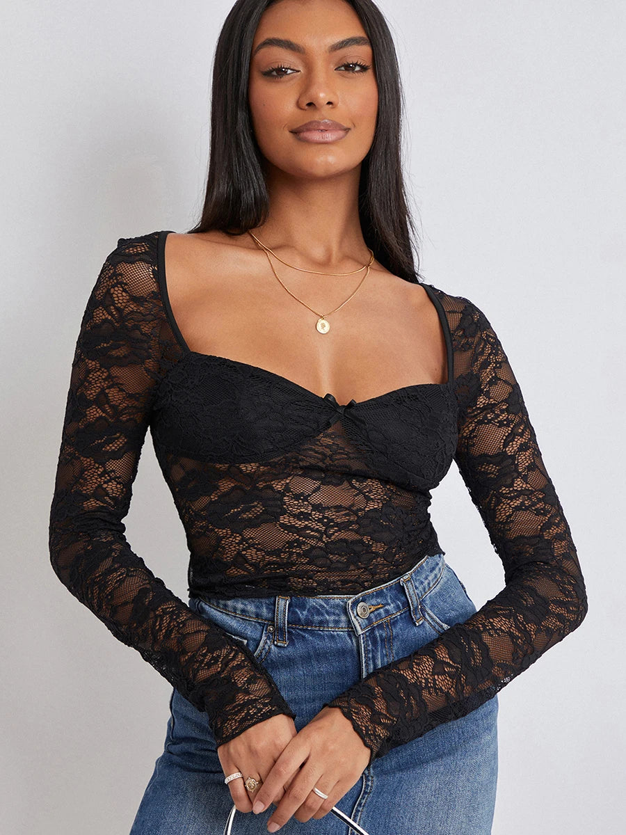 Open navel long sleeved top lace short t-shirt