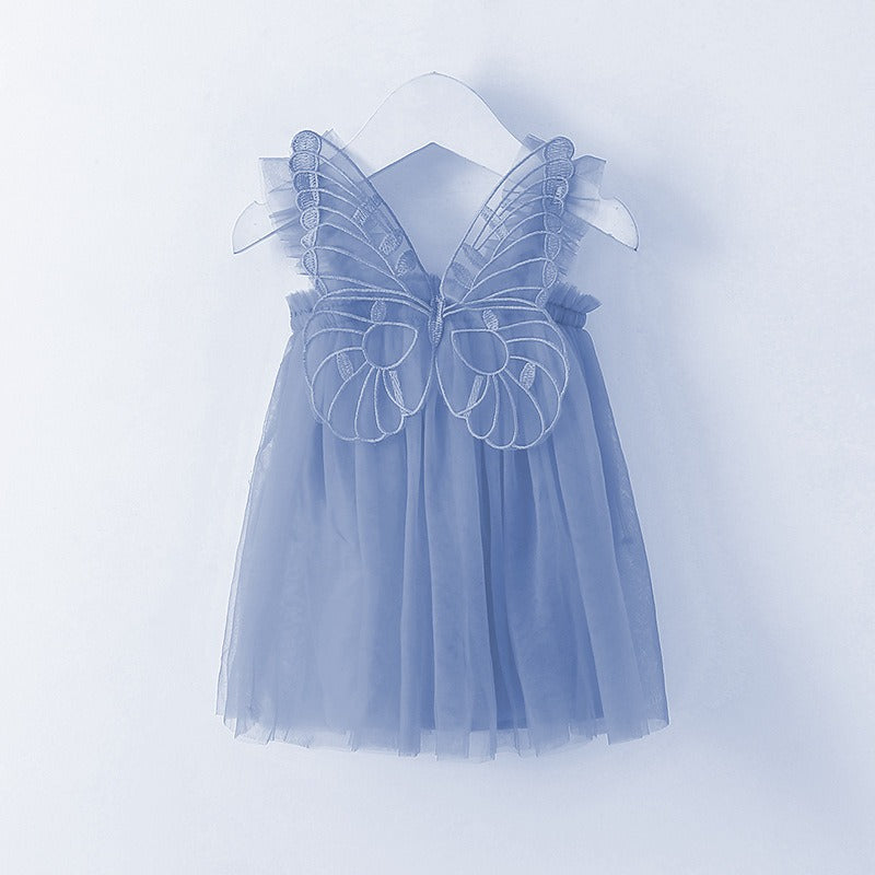 New baby girl dress with solid color and butterfly wing sleeves—sweet princess style.