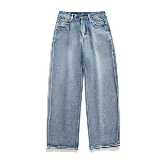 Men's simple solid color washed loose-fitting straight leg jeans