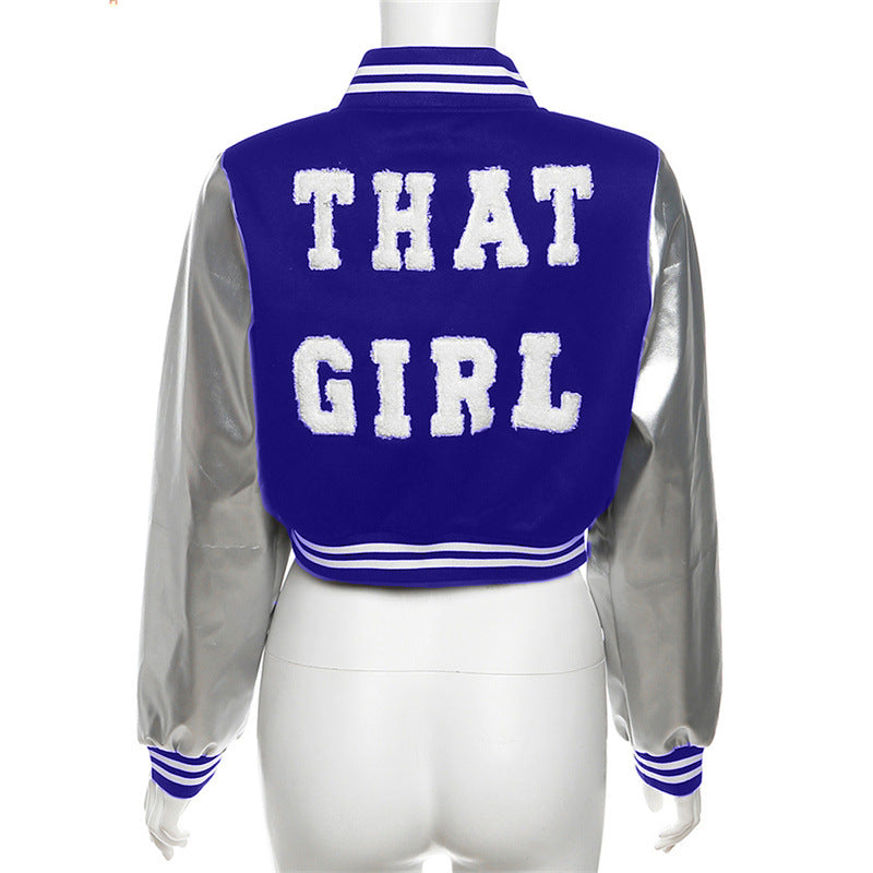 casual varsity jacket with fluffy lettering and leather sleeve patchwork