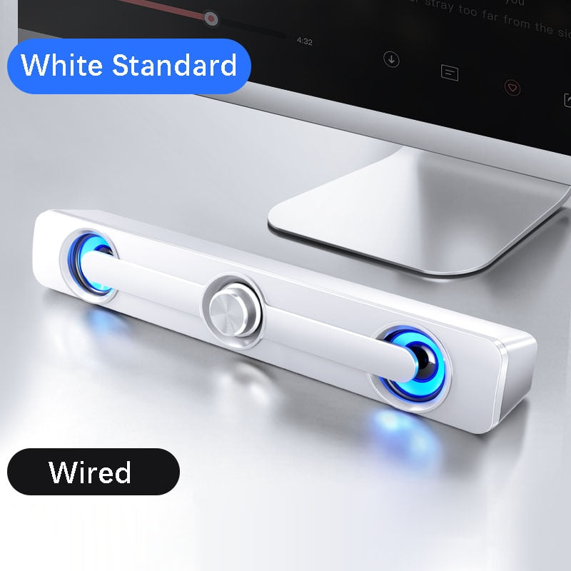 USB wired speaker bar with stereo subwoofer for PC, laptop, phone, tablet, MP3, and MP4.