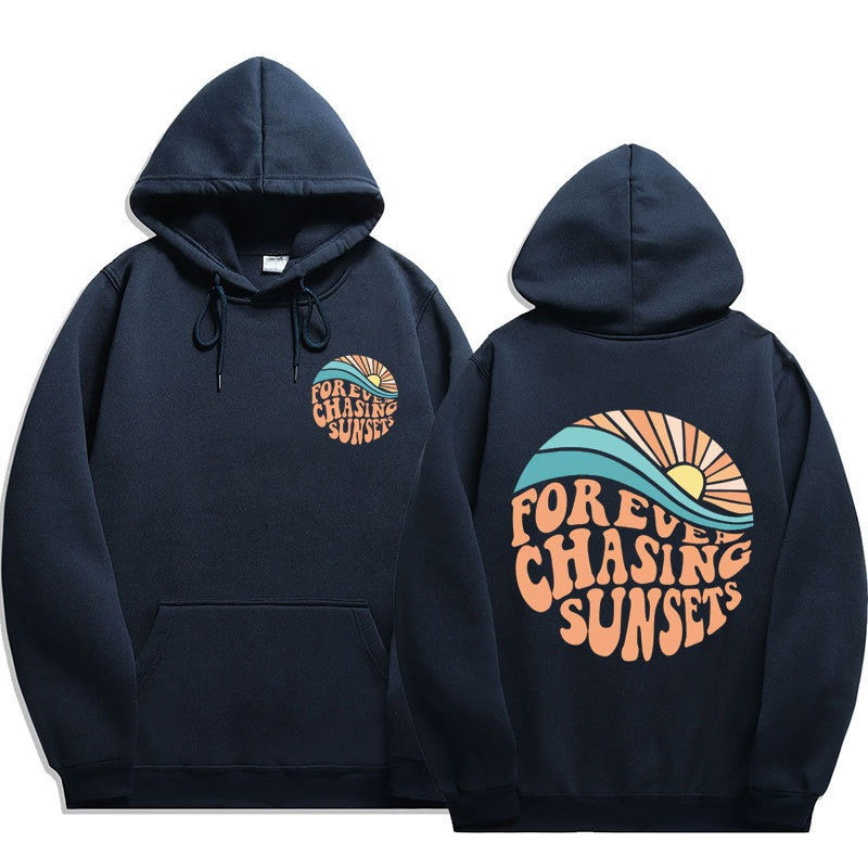 Chasing Sunsets printed cuff hoodie sweater, unisex design