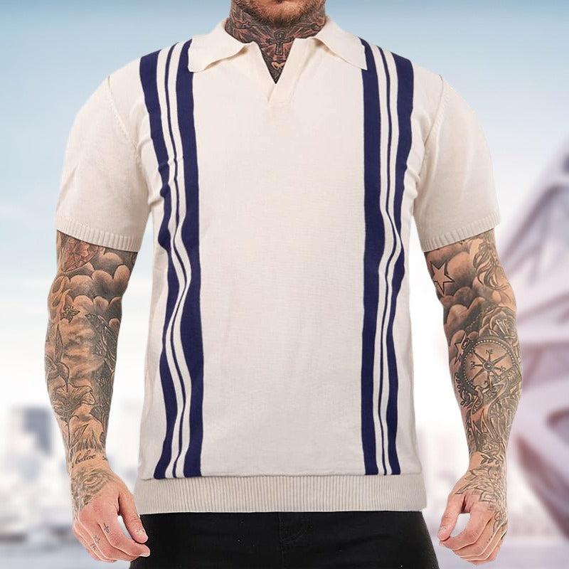 Summer striped short-sleeved knit polo shirt with a slim fit and lapel.