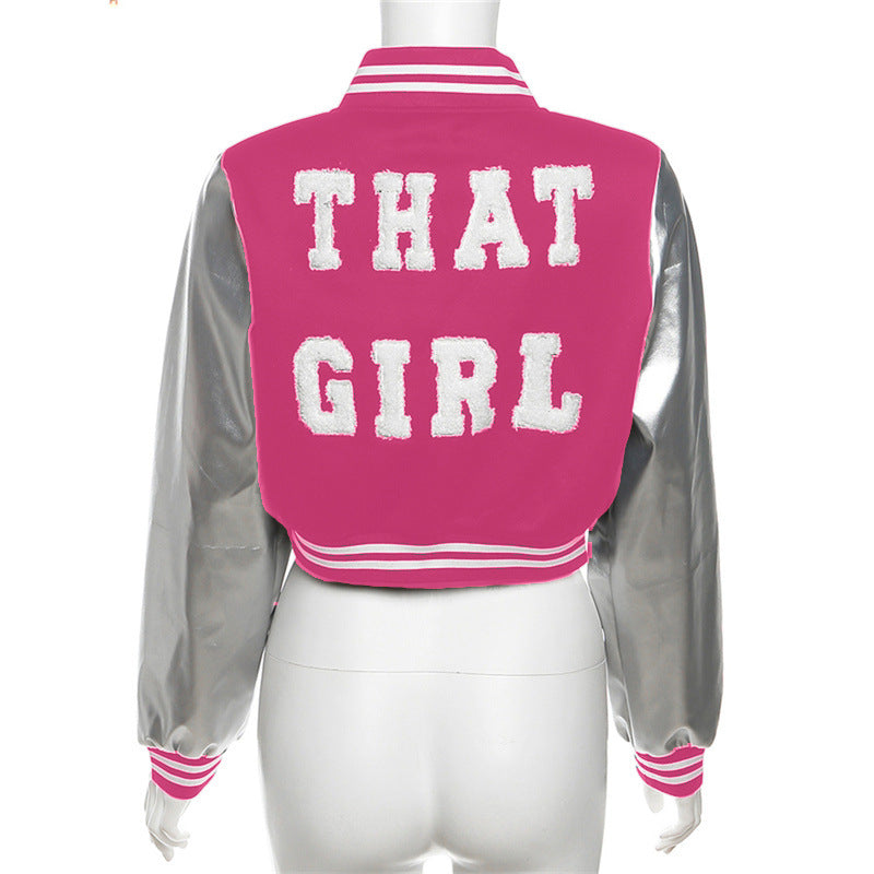 casual varsity jacket with fluffy lettering and leather sleeve patchwork