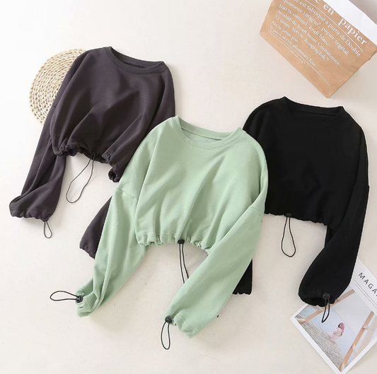 autumn winter full sleeve drawstring short top hoodies