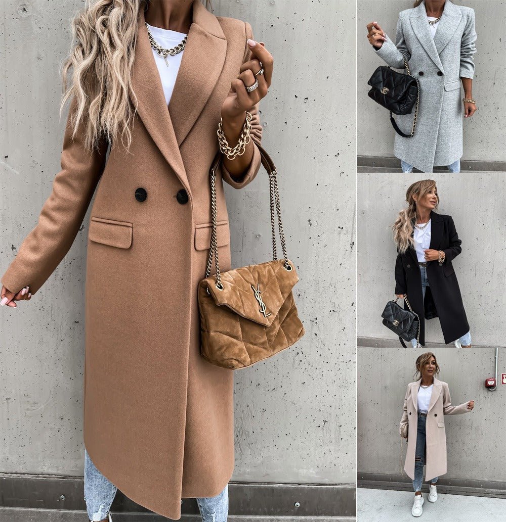 Autumn and winter long suit collar woolen coat for women