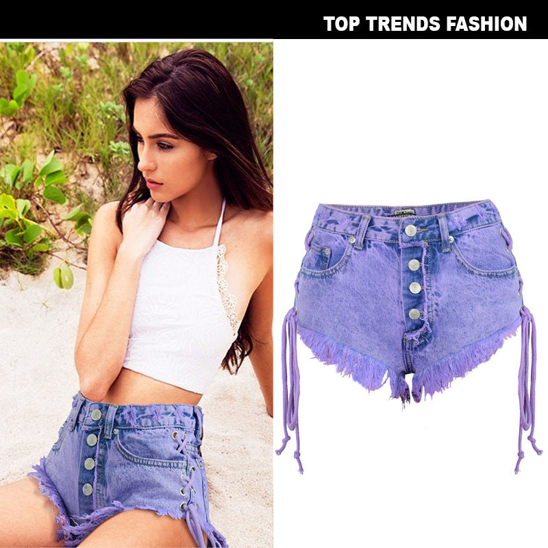 high-waist macaron purple denim shorts with frayed edges