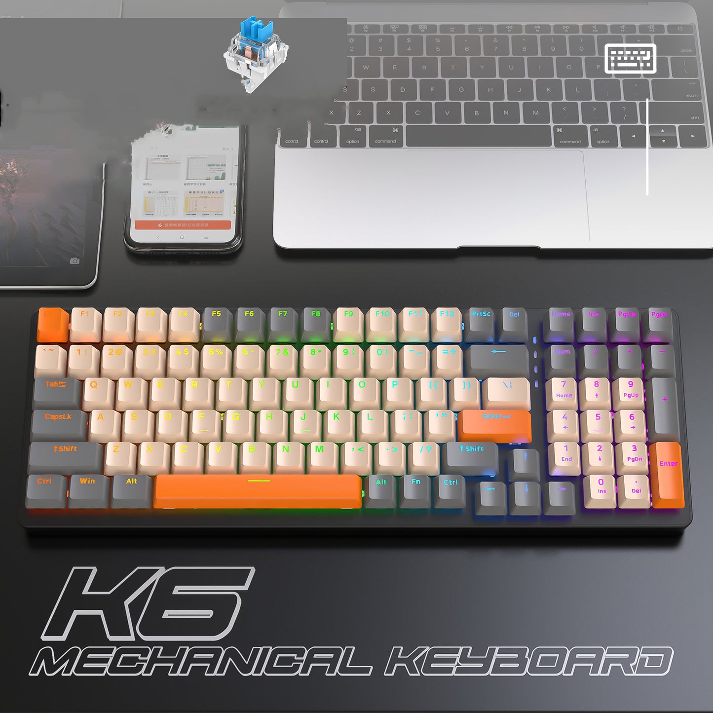 K6 mechanical keyboard with 5.0 Bluetooth, 2.4 GHz, wired modes, and backlit 100 keys for gamers.