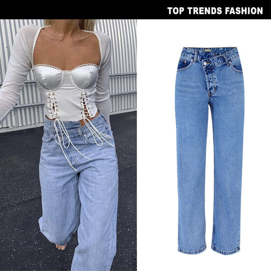 high-waist loose straight-leg flared denim trousers