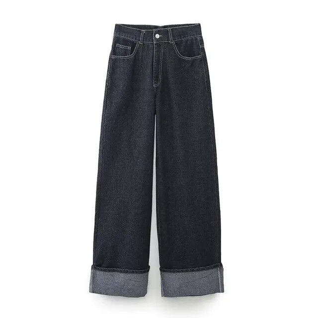 versatile loose floor-length trousers curled-leg jeans