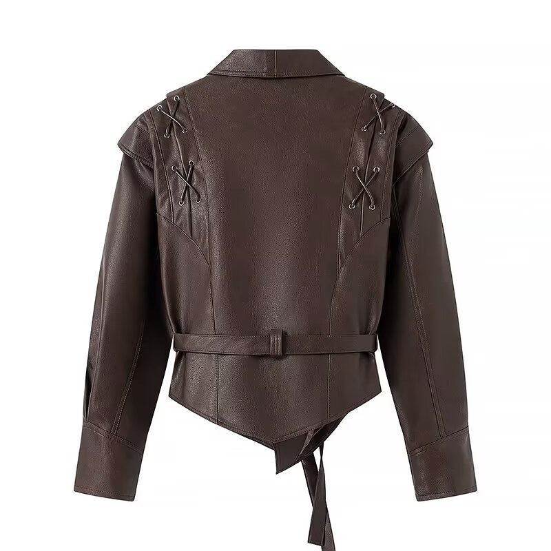 Women's Winter Maillard Dresses with Waist-Up Lapel and PU Leather Jacket