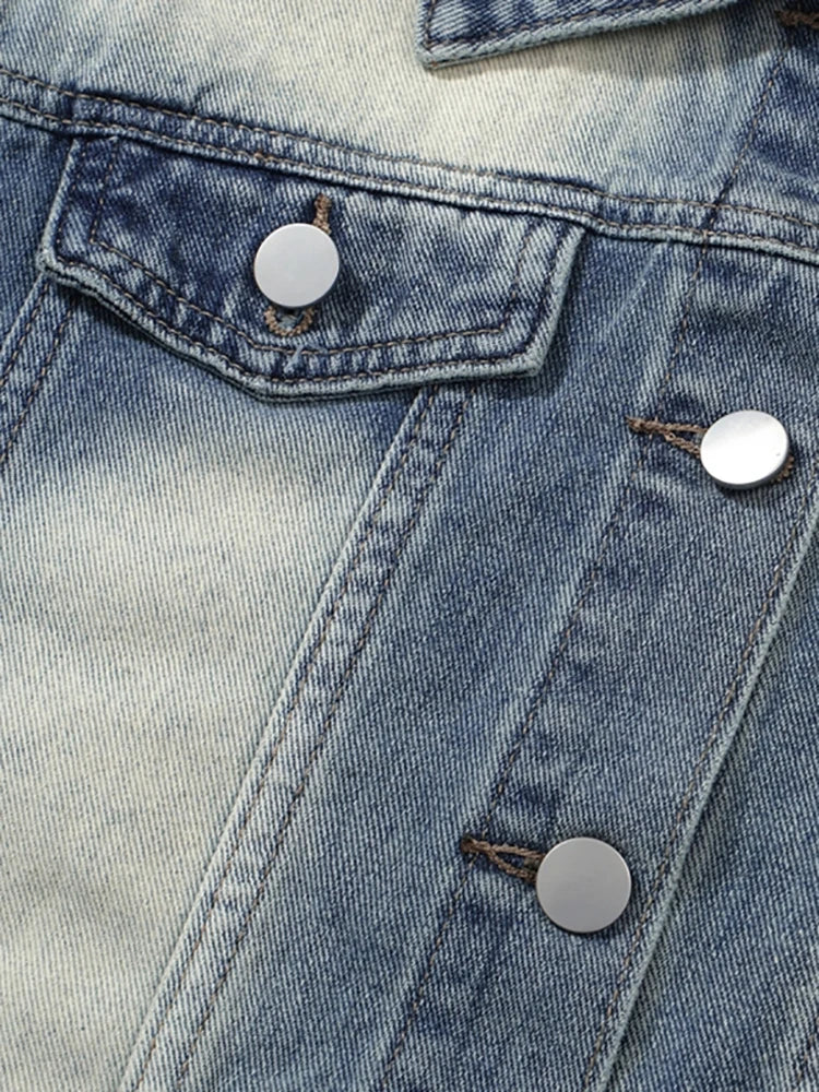 Women's patchwork washed denim coat, thin, single-breasted