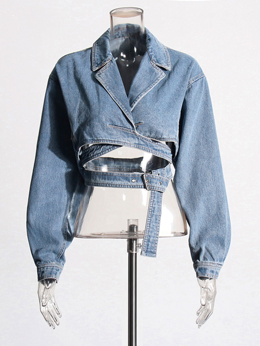 Cross-Layered Hollow Waist Slimming Short Denim Jacket