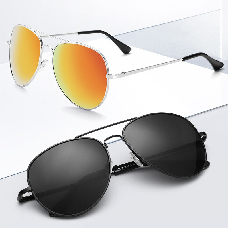 New polarized pilot-style sunglasses with a copper frame and spring legs – unisex frog mirror design.