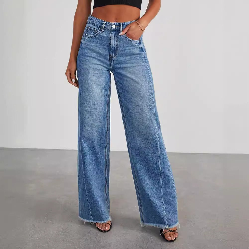 Women's loose wide-leg patchwork jeans with ground hem