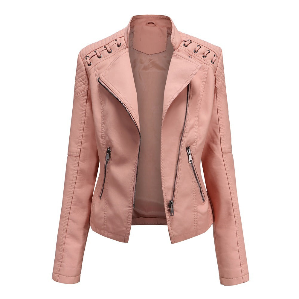 Women's slim-fit motorcycle-style leather jacket