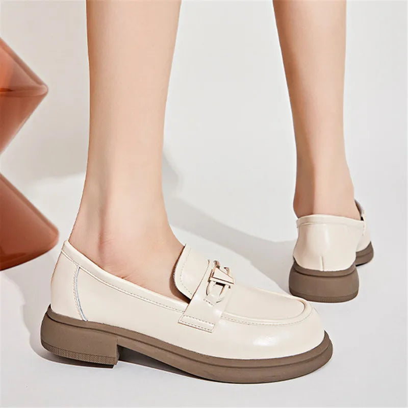 Thick-Heel Shallow Mouth Leather Women's Shoes