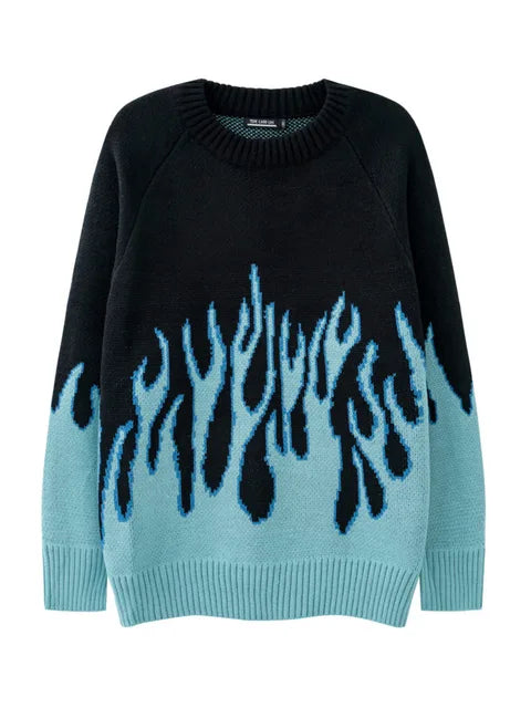 Women's flame jacquard loose pullover, contrast color, O-neck.