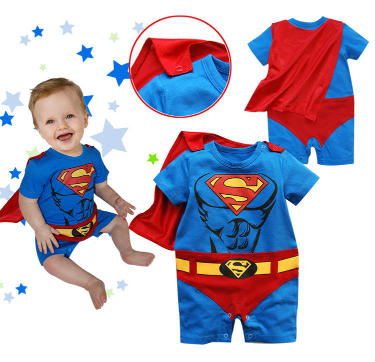 Superman creeper baby suit with embroidered cloak, featuring Wukong design.