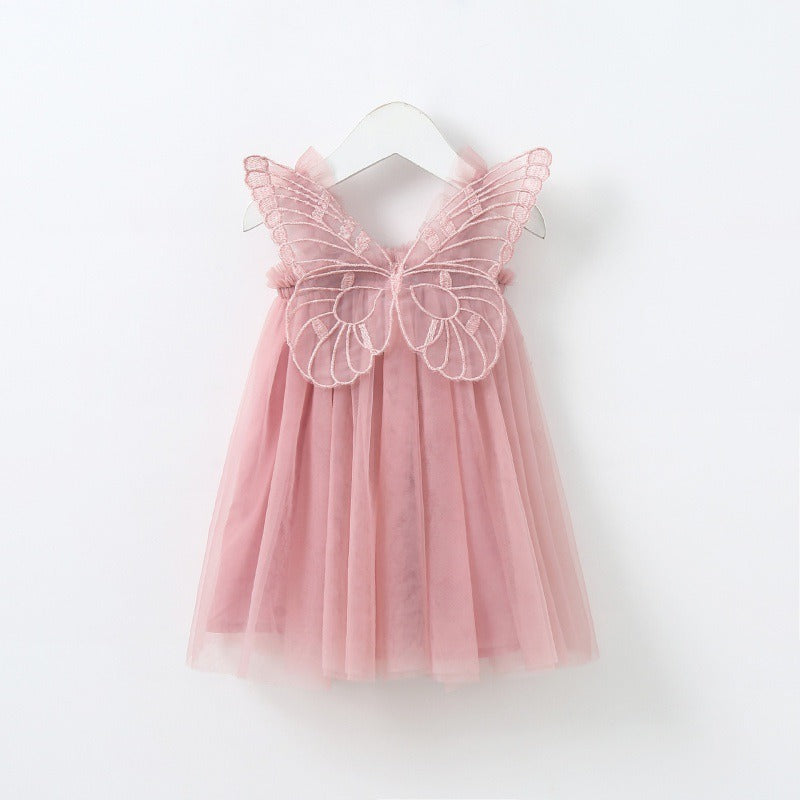 New baby girl dress with solid color and butterfly wing sleeves—sweet princess style.