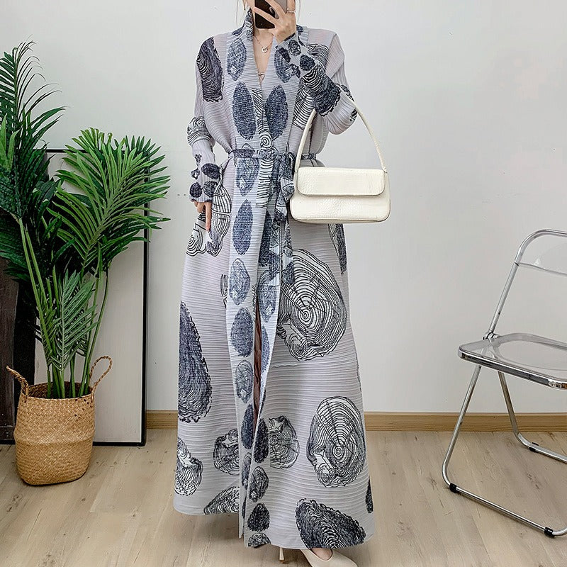 Women's Pleated Long Trench Coat - Printed Cardigan