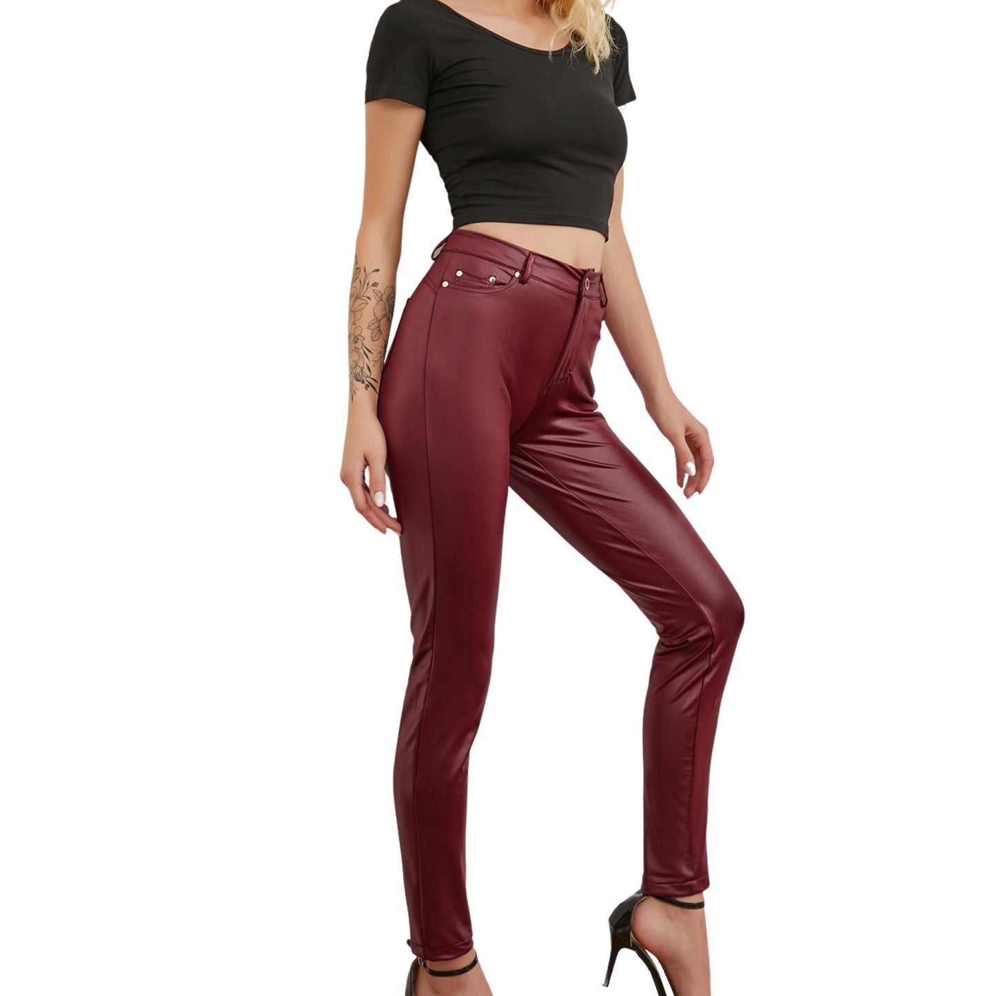 PU leather casual leggings for women