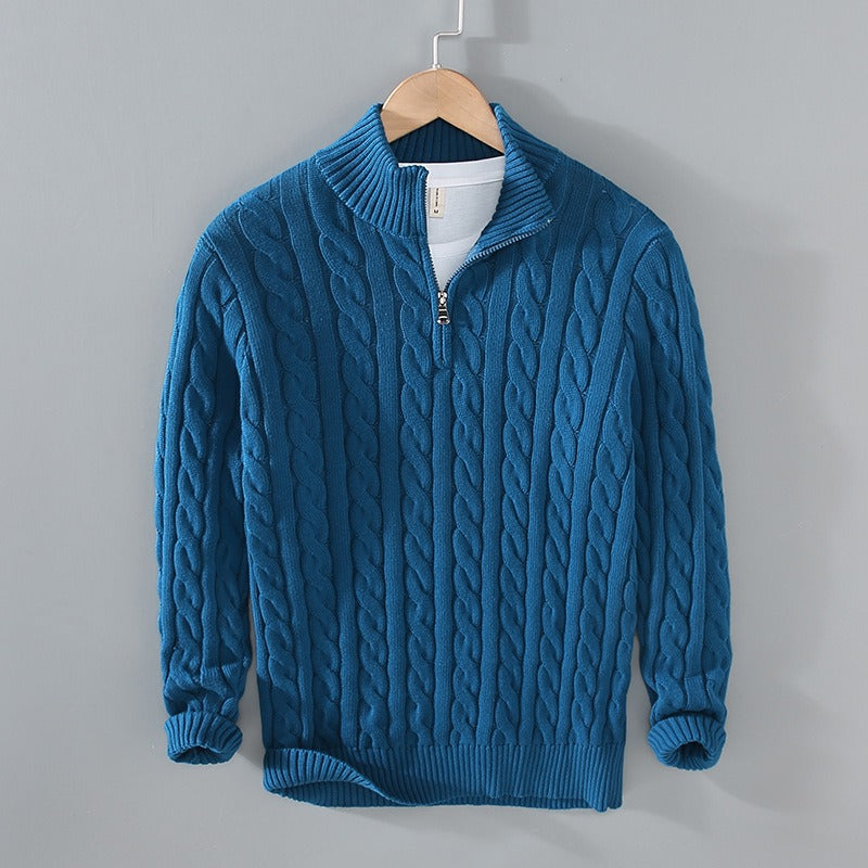 Men's thick half-zip twisted knit shirt with stand collar for autumn/winter.