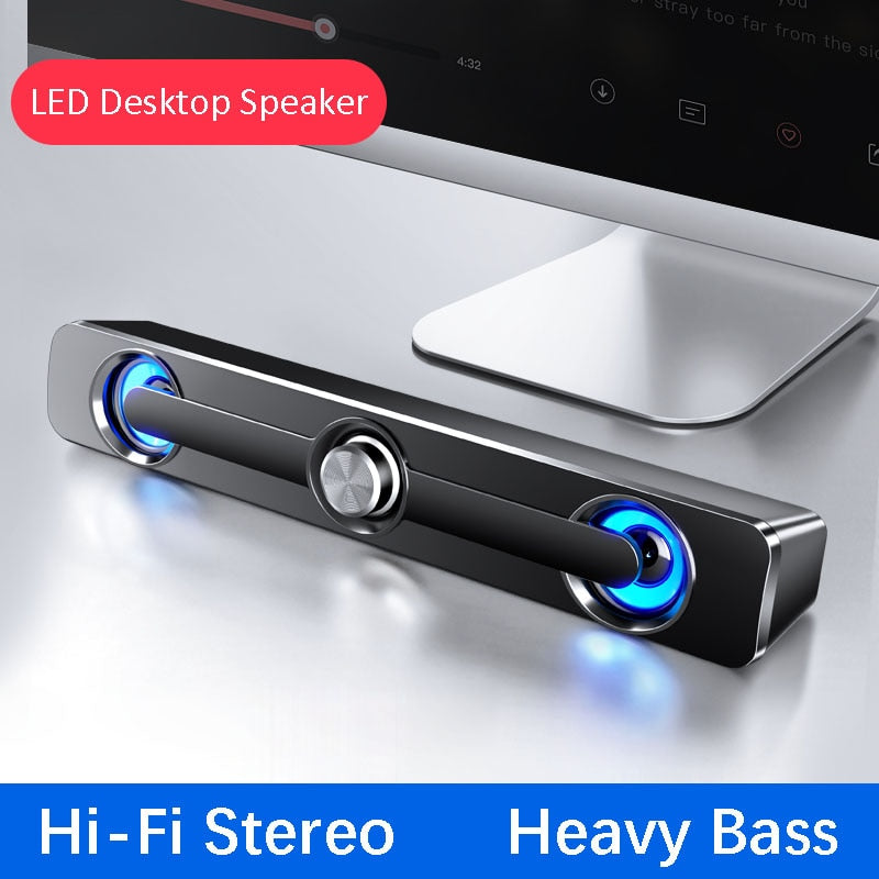 USB wired speaker bar with stereo subwoofer for PC, laptop, phone, tablet, MP3, and MP4.