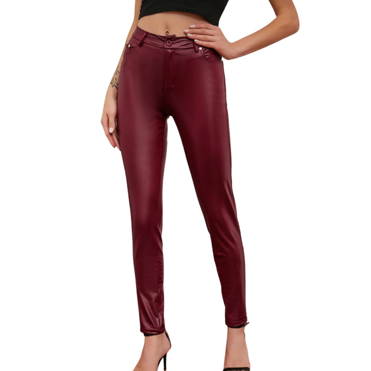 PU leather casual leggings for women