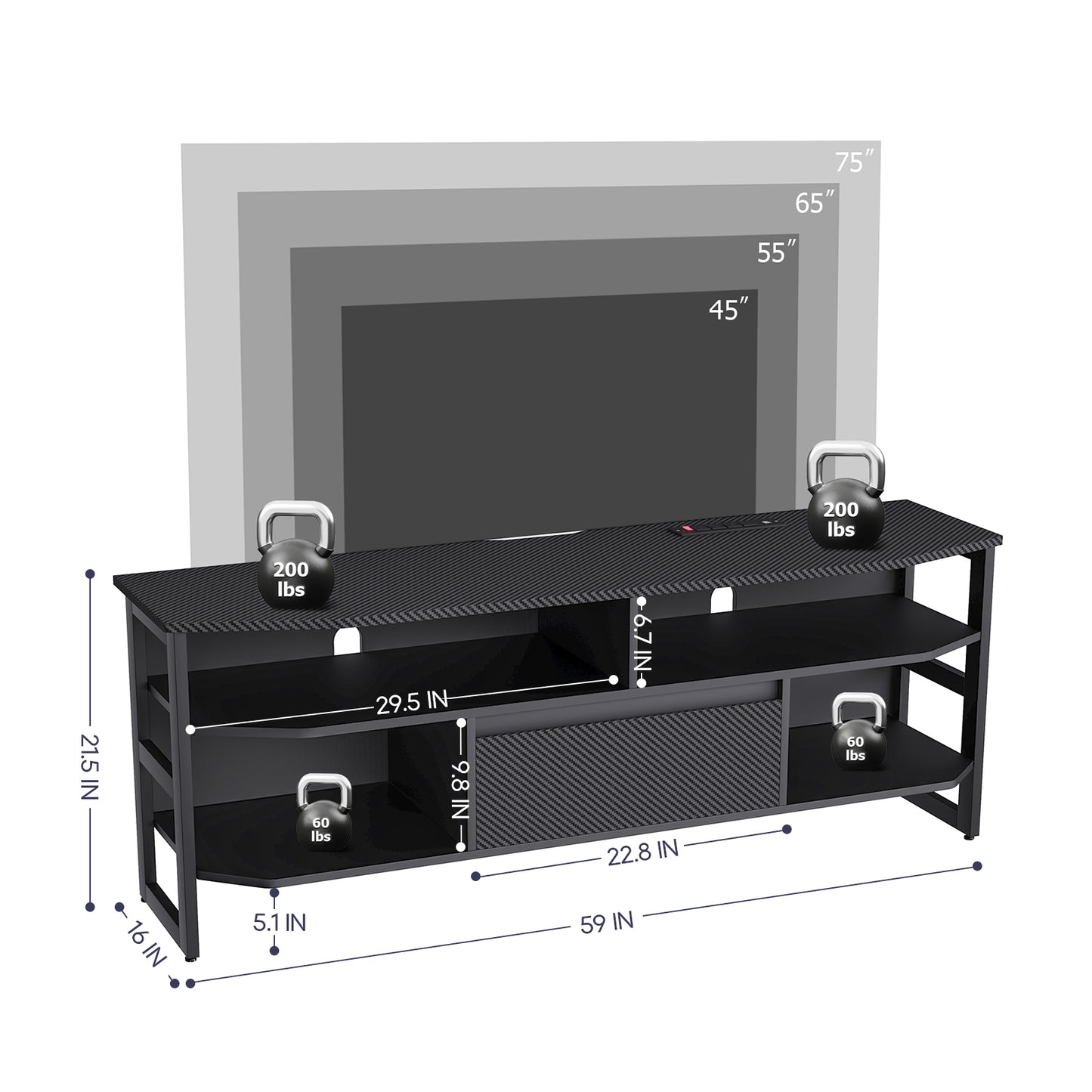 PS5 gaming TV stand with power outlet, accommodates TVs up to 65 inches.