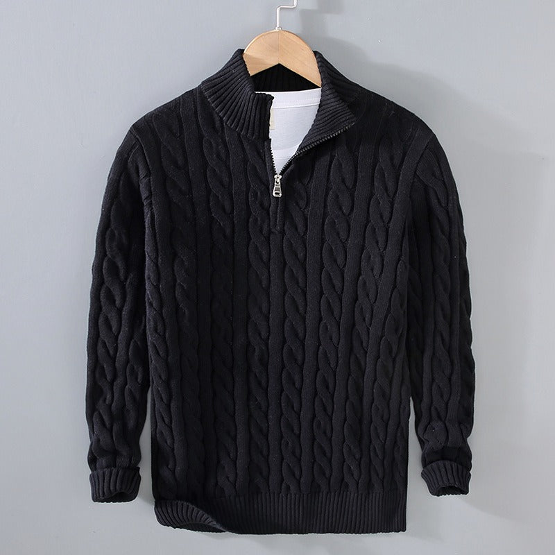 Men's thick half-zip twisted knit shirt with stand collar for autumn/winter.