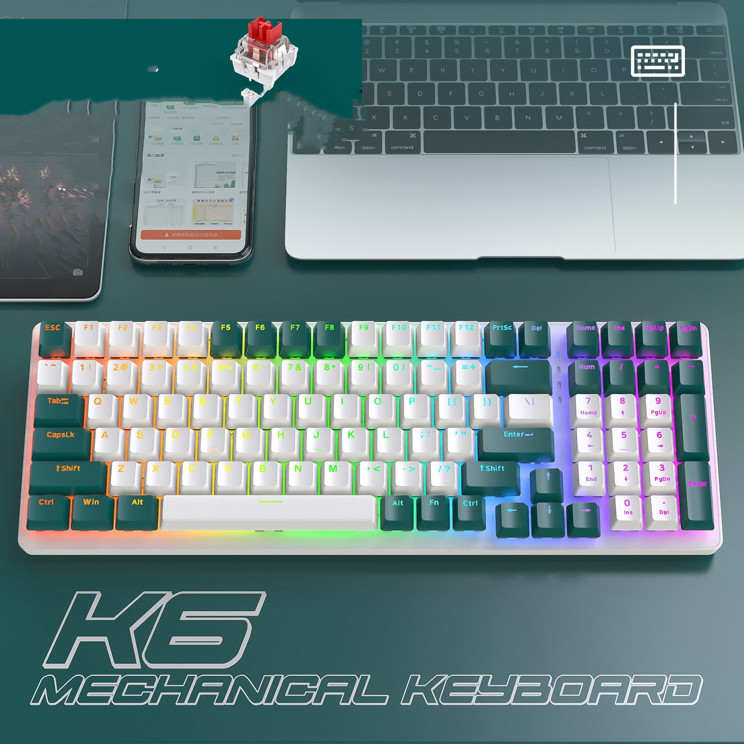 K6 mechanical keyboard with 5.0 Bluetooth, 2.4 GHz, wired modes, and backlit 100 keys for gamers.