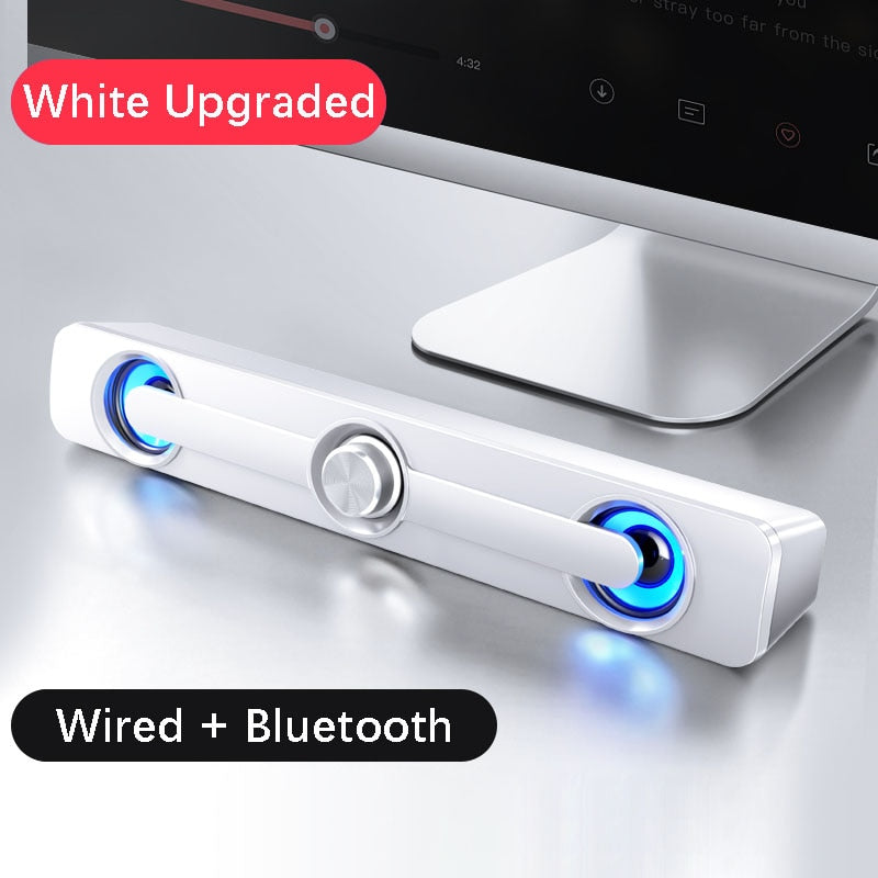 USB wired speaker bar with stereo subwoofer for PC, laptop, phone, tablet, MP3, and MP4.