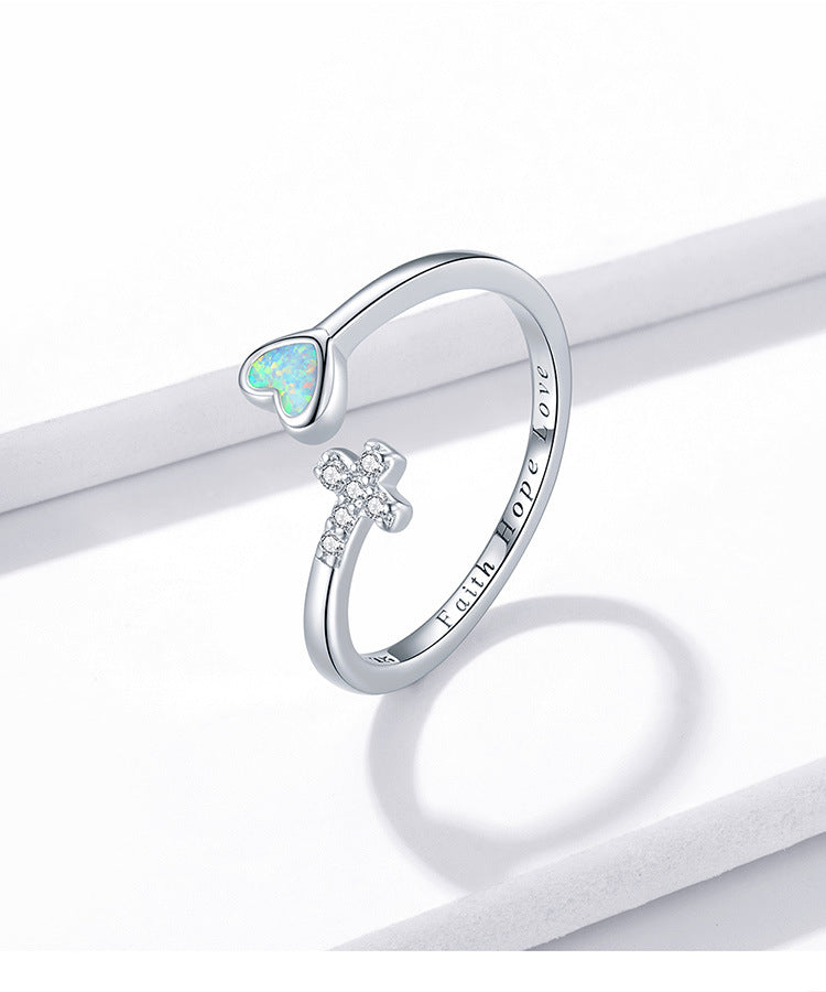 Platinum-Plated Love Cross Open Ring with Zircon Heart