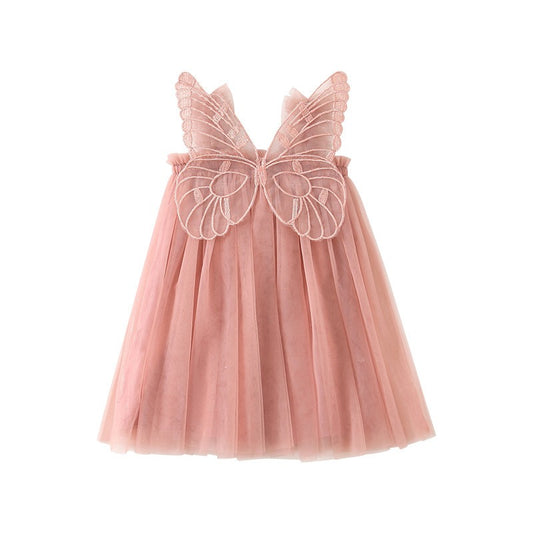 New baby girl dress with solid color and butterfly wing sleeves—sweet princess style.