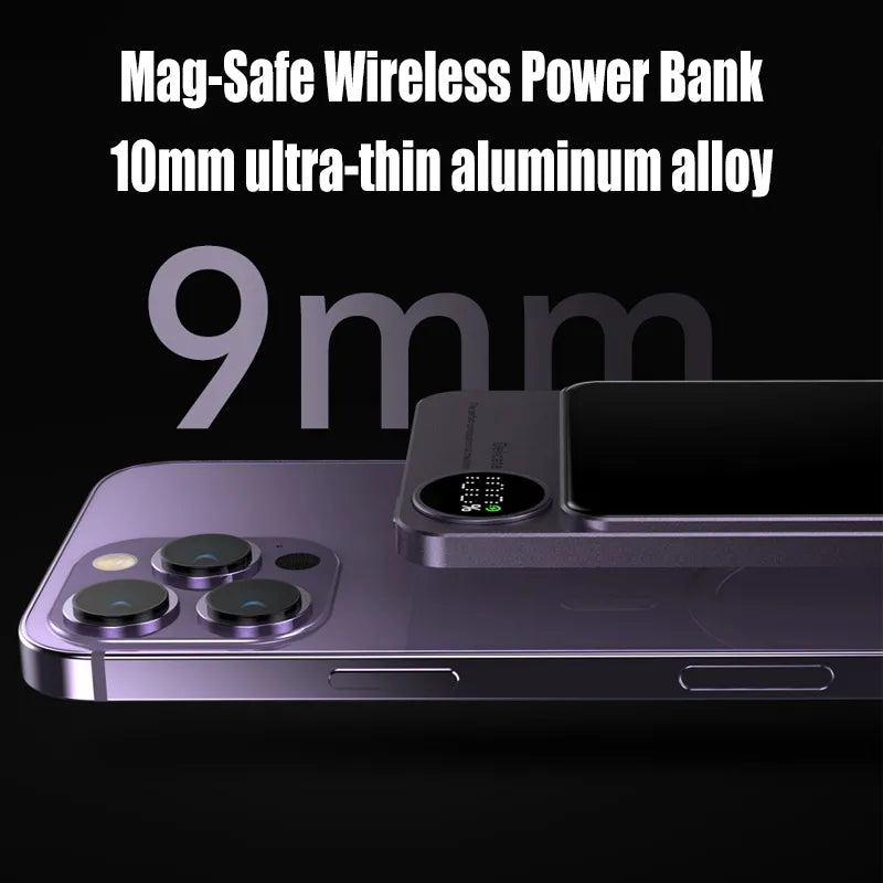 10,000mAh MagSafe magnetic power bank with PD 20W and 15W wireless fast charging for iPhone 15, 14, and 13.