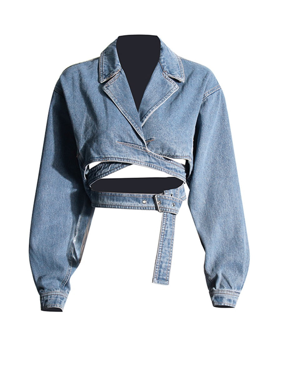 Cross-Layered Hollow Waist Slimming Short Denim Jacket