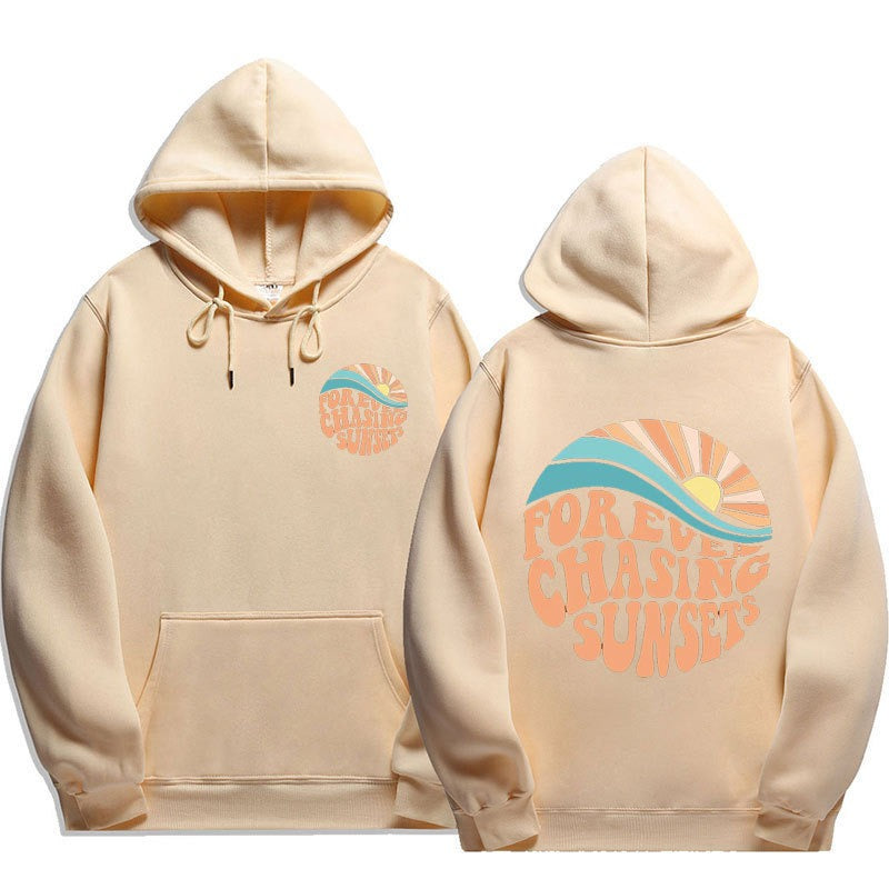 Chasing Sunsets printed cuff hoodie sweater, unisex design