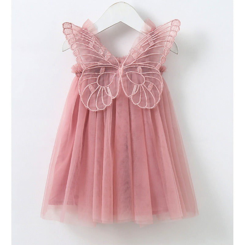 New baby girl dress with solid color and butterfly wing sleeves—sweet princess style.