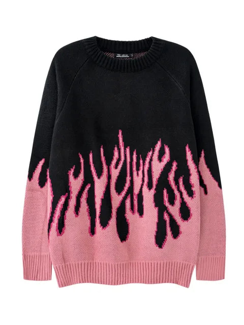 Women's flame jacquard loose pullover, contrast color, O-neck.