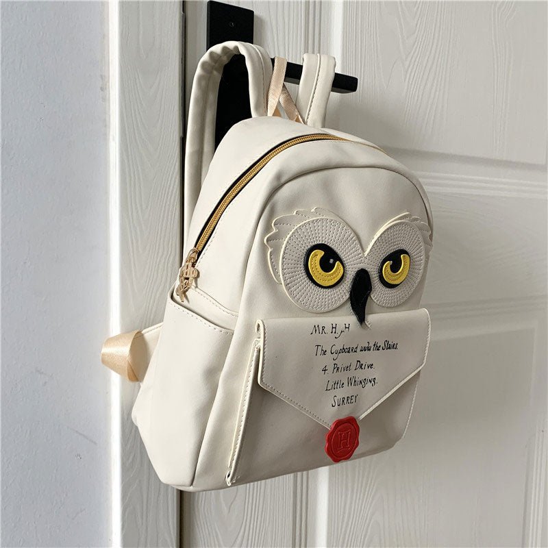 Beige PU Leather Owl Backpack - Cute Casual Small Bag for Women and Girls