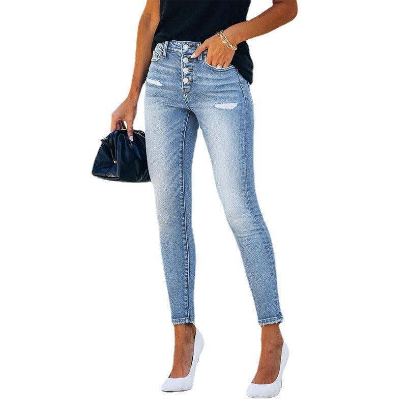 Women's high-waist ripped blue jeans