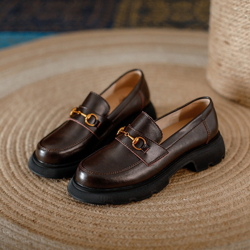 British Round-Toe Platform Loafers: Thick Heel, Gold Buckle