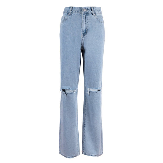 Women's blue ripped straight jeans