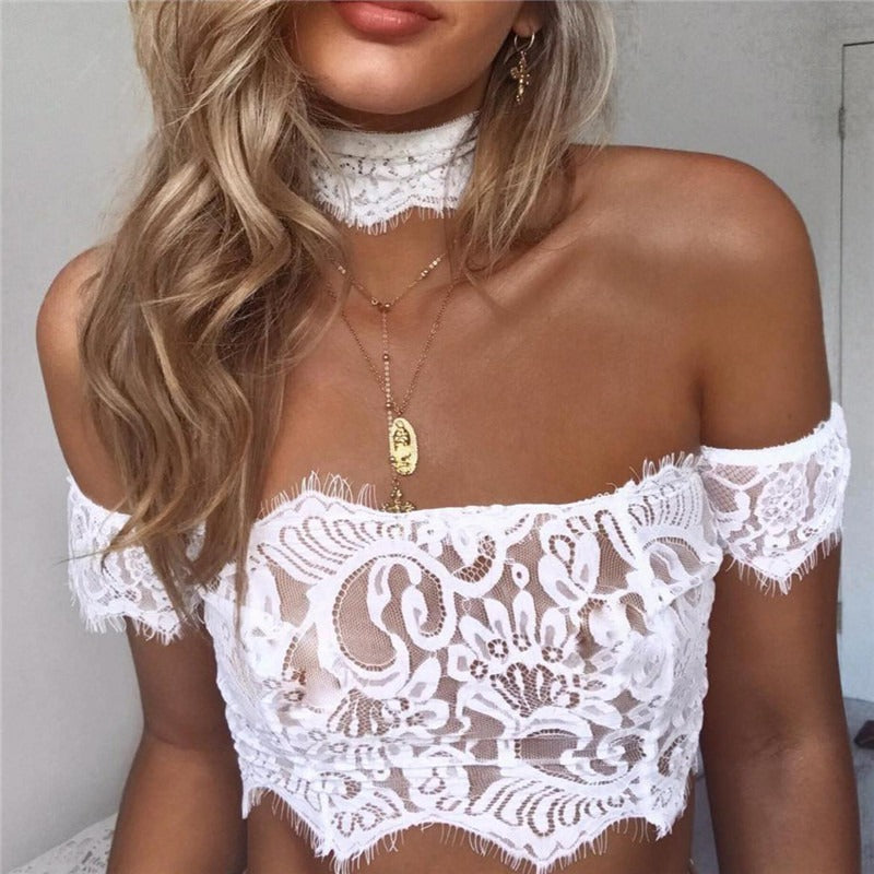 Sexy Lace Off-Shoulder Bra with Sheer Design and Short Sleeves