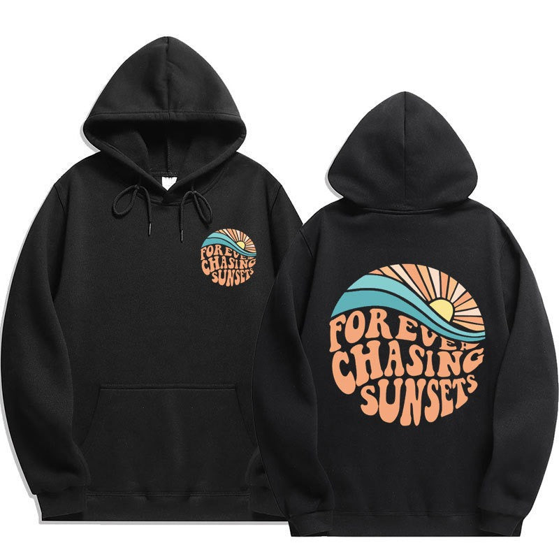 Chasing Sunsets printed cuff hoodie sweater, unisex design