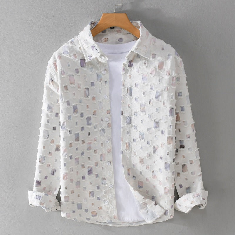 Checkered Patchwork Long-Sleeved Cotton Shirt with Hollowed-Out Design