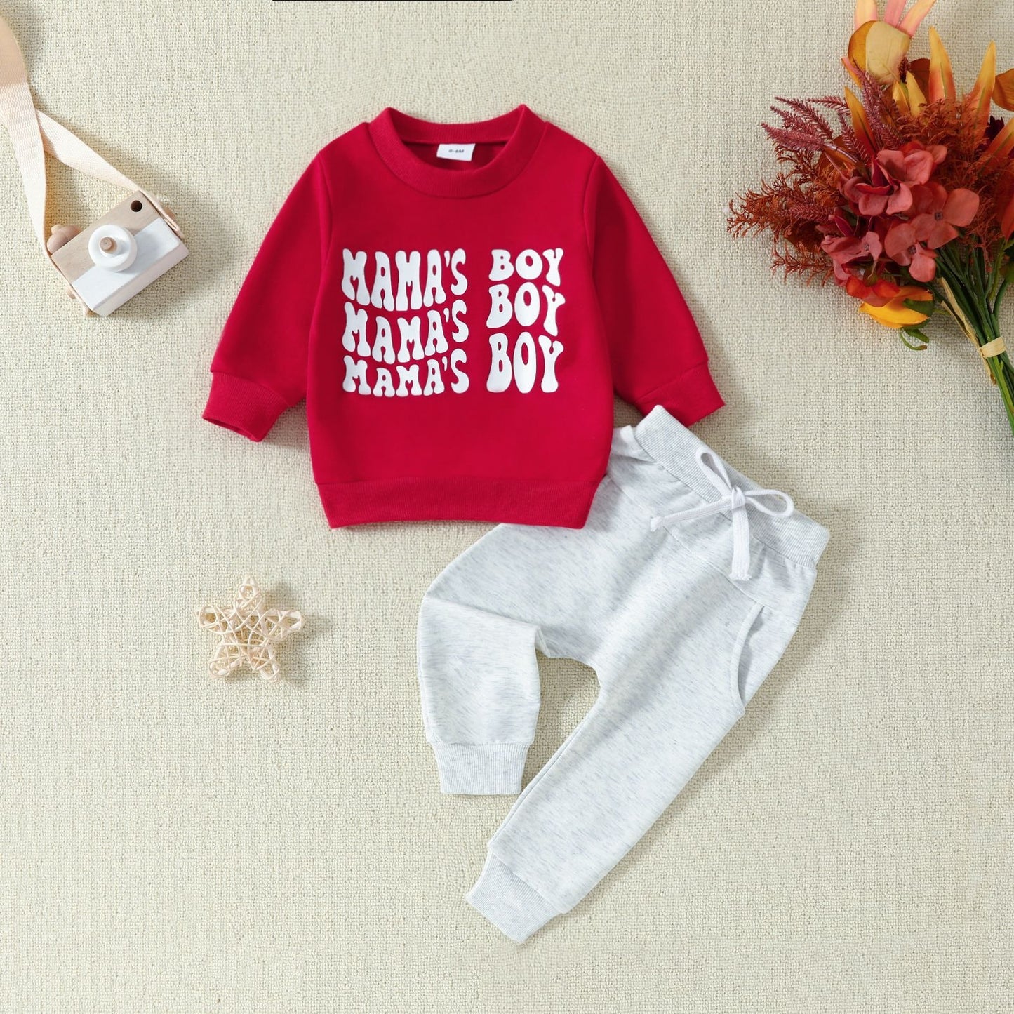 Infant and toddler long-sleeve pullover hoodie and pants two-piece set with letter print.