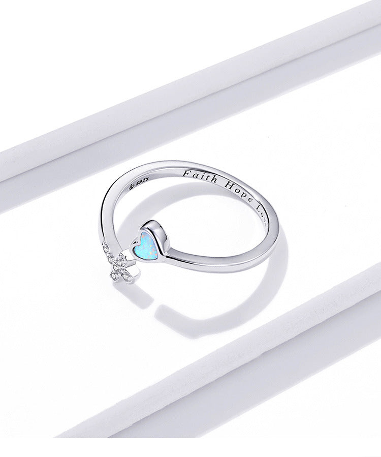 Platinum-Plated Love Cross Open Ring with Zircon Heart