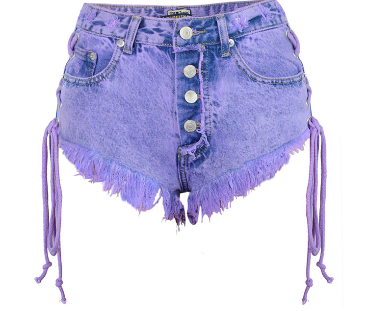 high-waist macaron purple denim shorts with frayed edges